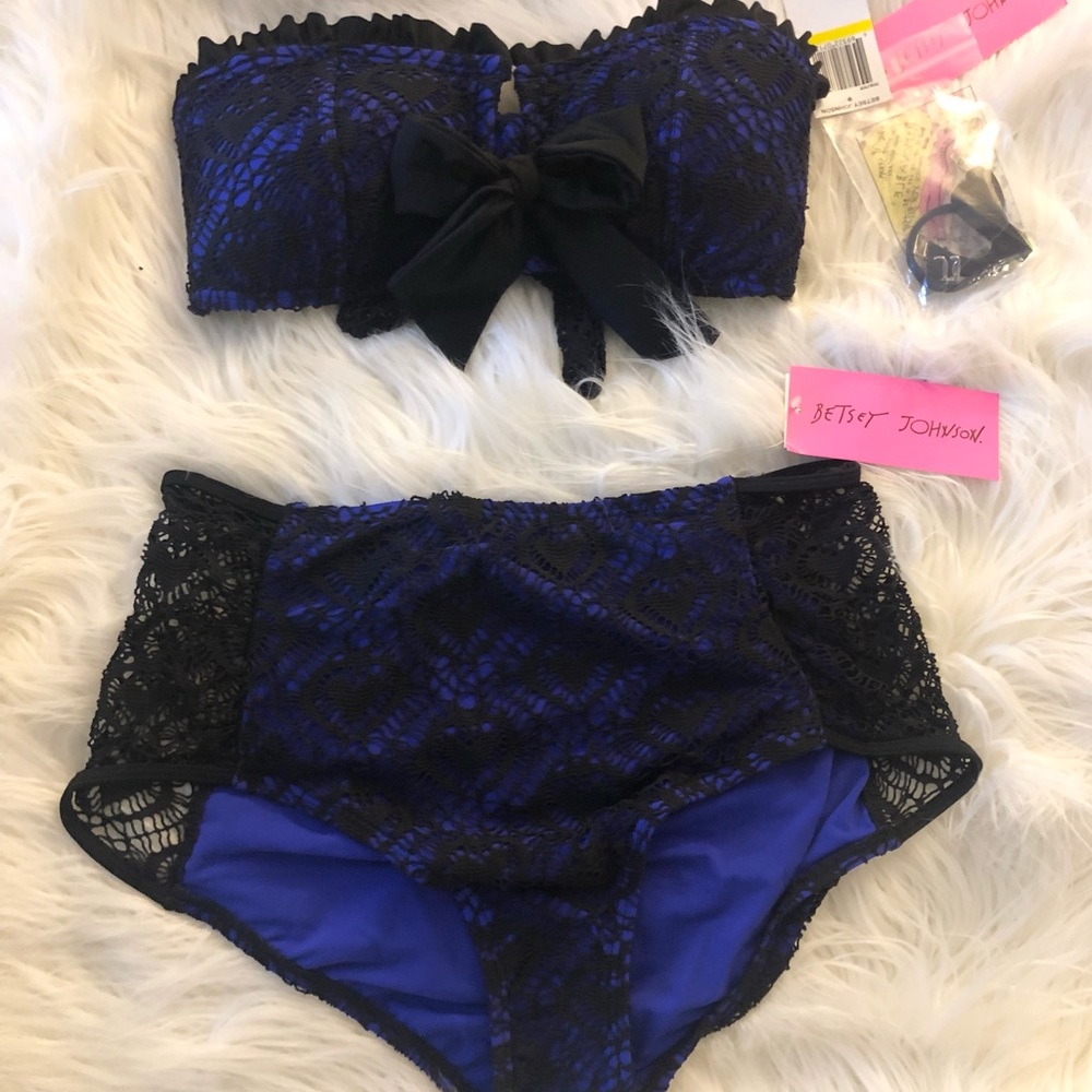 BETSEY JOHNSON BLUE AND BLACK LACE TWO PIECE SWIMSUIT